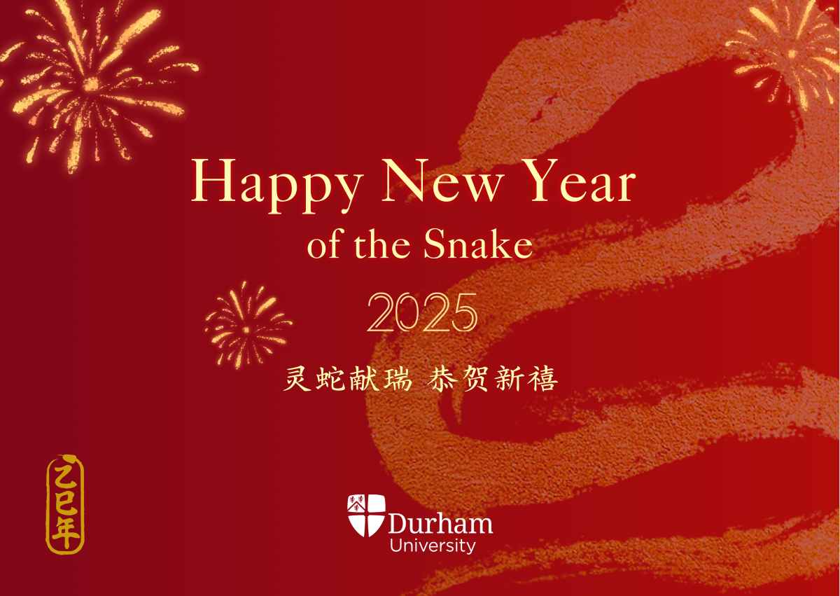 Graphic of a snake on a red background with a Happy New Year message