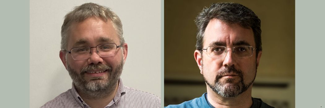 Head and shoulder pictures of Dr Andrew Valentine (left) and Emeritus Professor Ian Smail (right). Both men have beards and glasses and are looking directly at the camera.