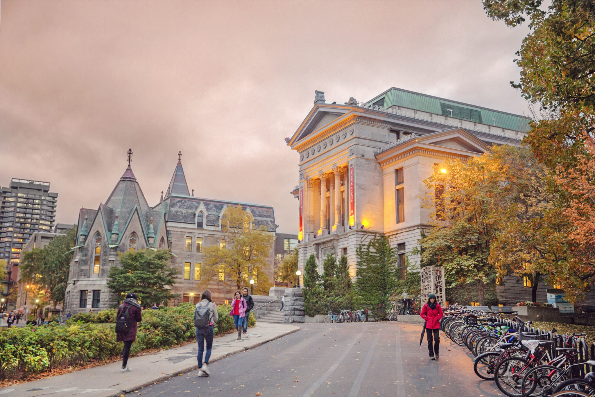 Road leading up to University building at dusk