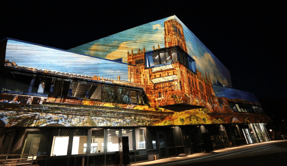 Ogden Centre with lumiere image of cathedral cast on fascade