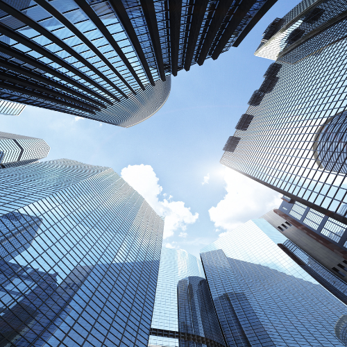 Looking up at skyscrapers