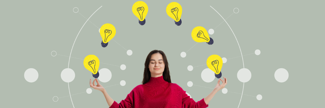 White woman in red jumper meditating with eyes closed surrounded by cartoon lightbulbs above her head in a semicircle