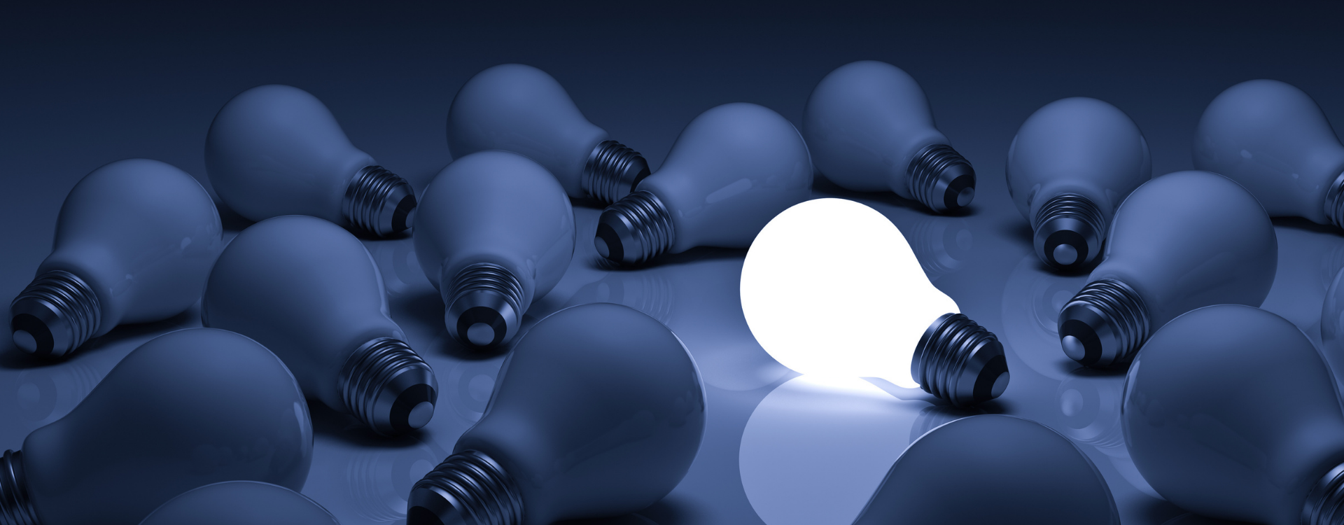 Lit bulb among dark bulbs illustrating leadership