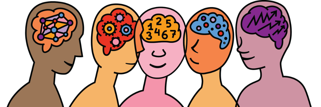 Cartoon of people with a view in their brains showing numbers, cogs, maps etc.