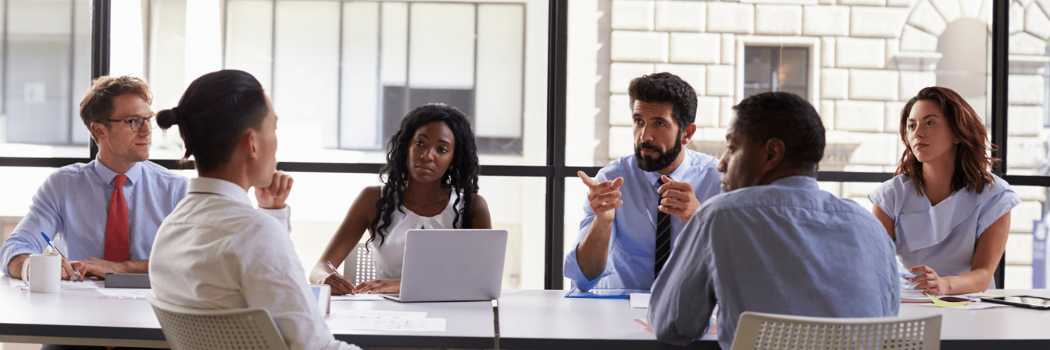 A large group of business people discussing around a table