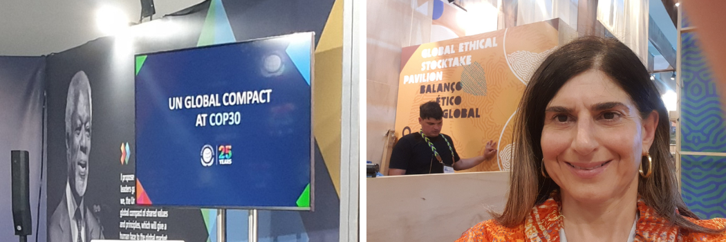two photos side by side featuring a selfie of Laura Marsiliani and the event sign for COP30