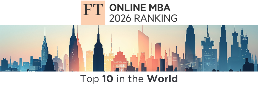 Cityscape with FT online MBA ranking logo and top 100 in the world message