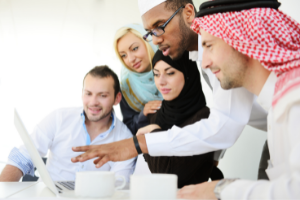 A group of students from different countries in discussion