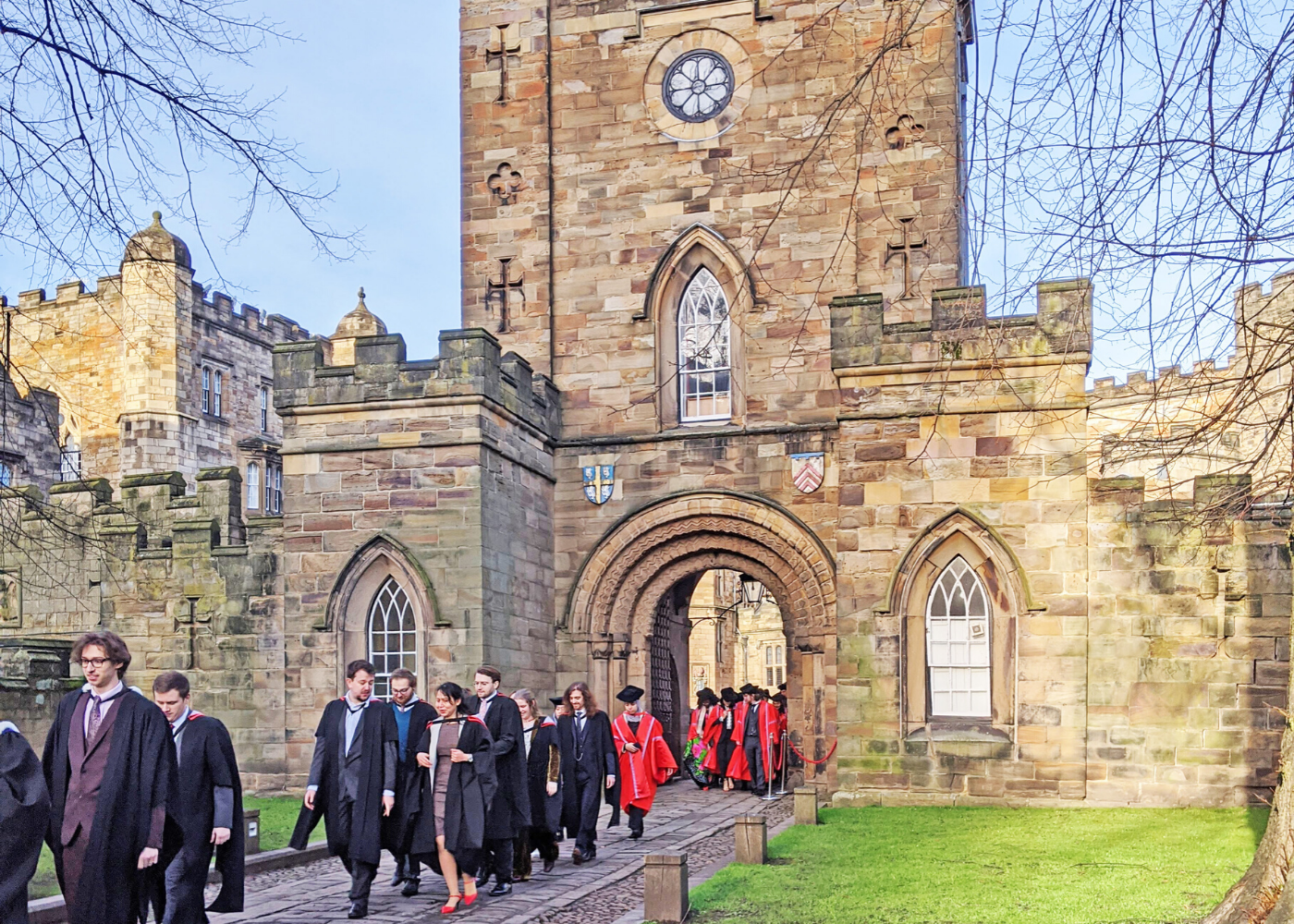 Students outside Durham Castle (University College)