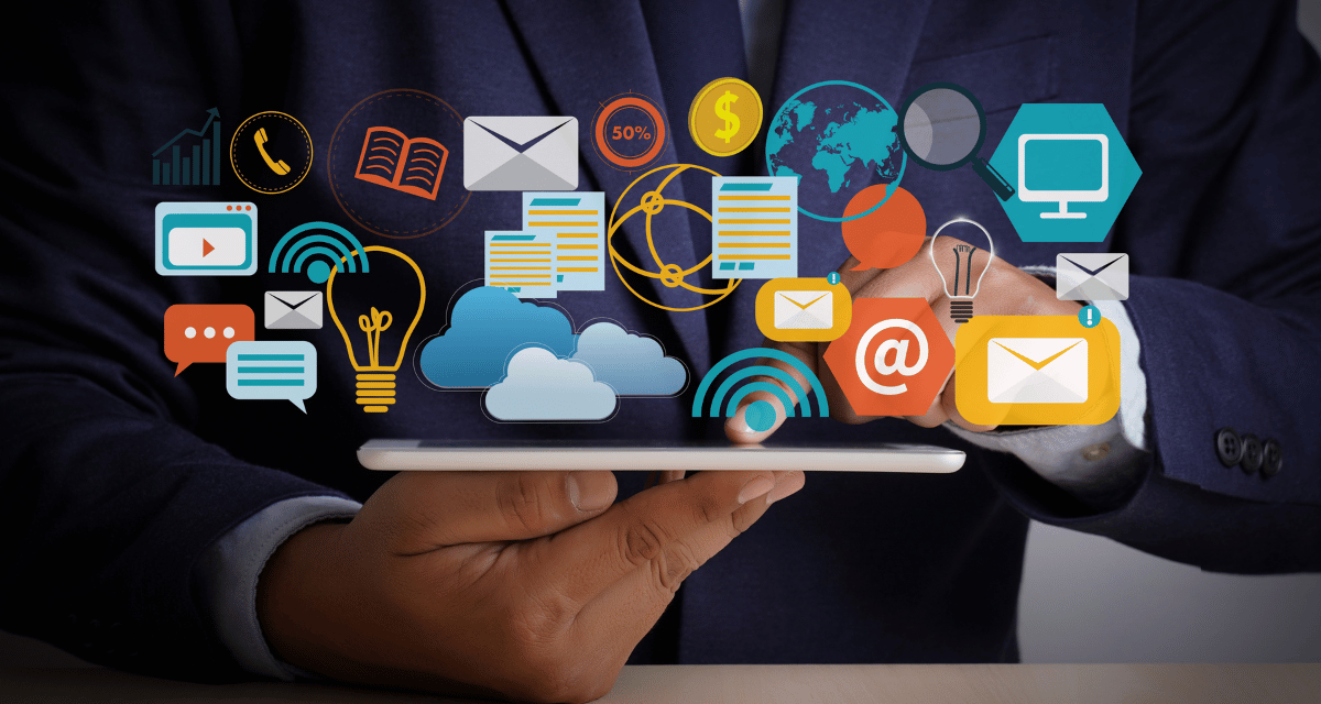 A graphic illustration of digital media icons
