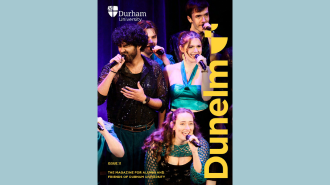 A graphic showing the front cover of a magazine with 'Dunelm' in yellow text running vertically up the right hand edge. The image shows a dynamic group of students singing.