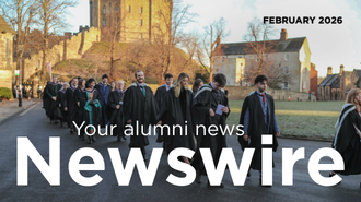 A graphic with 'Your alumni news: Newswire' in white text on top of a image showing a line of students in academic gowns processing towards the camera.