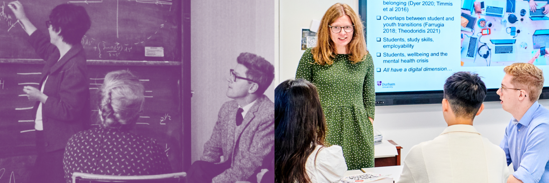 Students in a classroom with a lecturer one vintage and one modern day