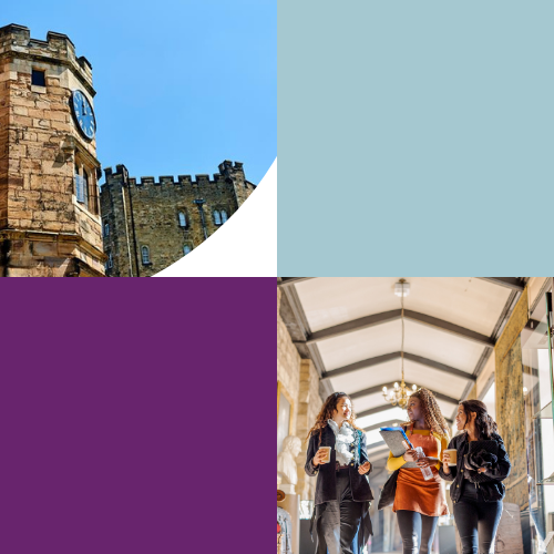 Durham Castle turrets and three students walking inside a museum