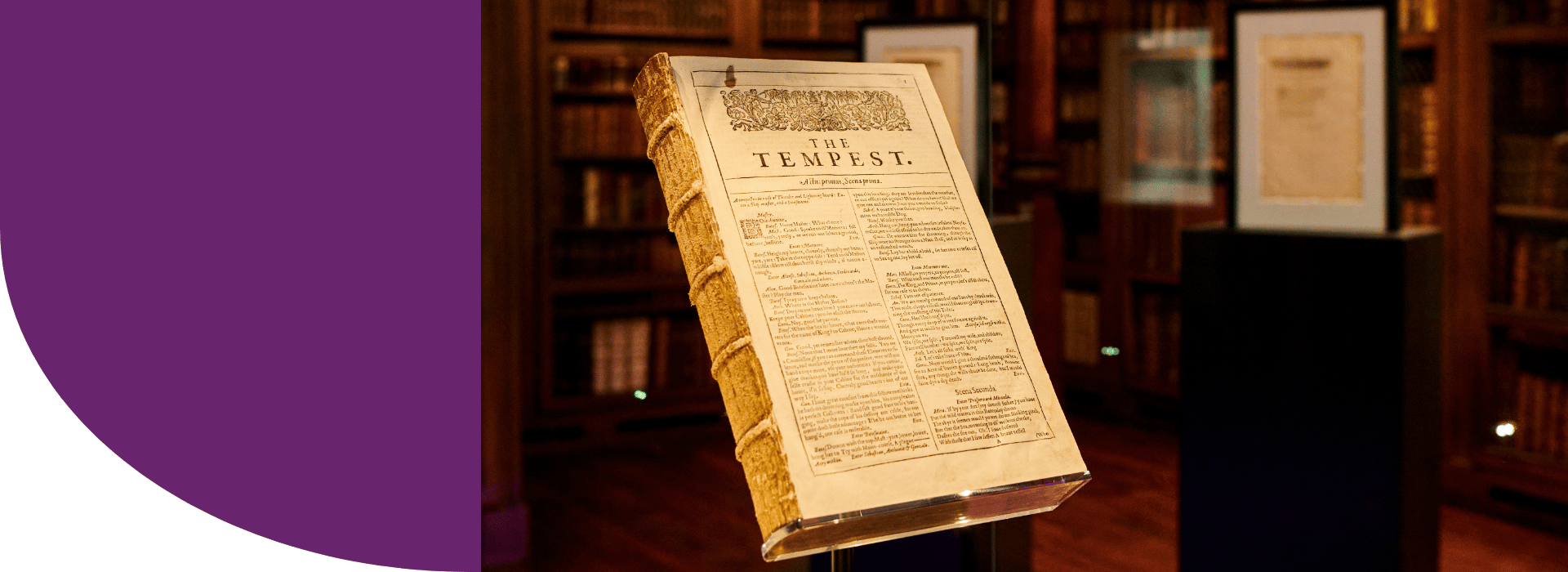 Shakespeares Folio The Tempest on a stand in an old library