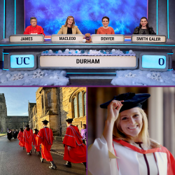 Composite image: Uni Challenge team, graduate procession to Cathedral and Gabby Logan