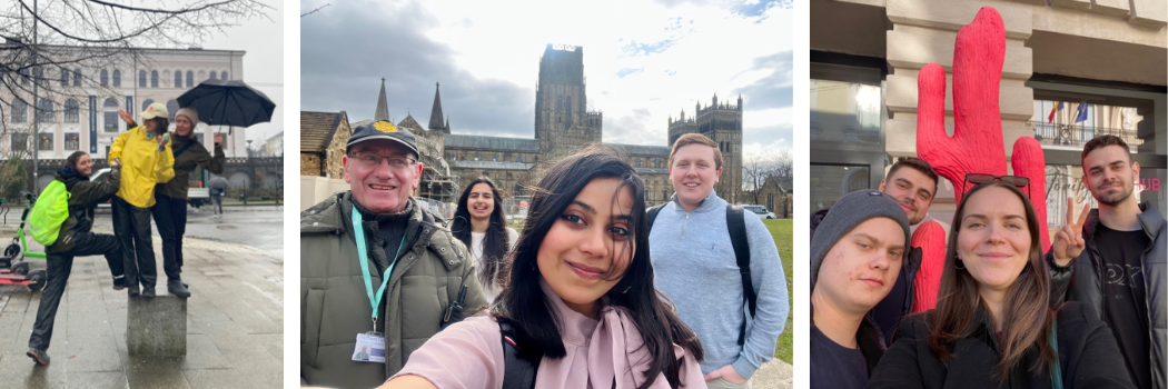 Three images showing groups of students in Bergen, Durham and Romania.