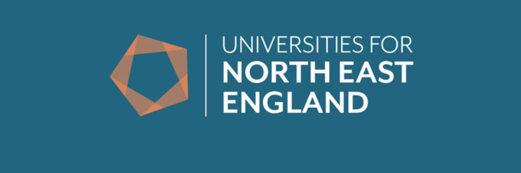 Orange logo of UNEE on green background with text that reads Universities for North East England