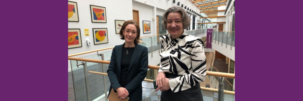 Vivienne Stern MBE and Professor Karen O'Brien on the balcony of the Palatine Centre