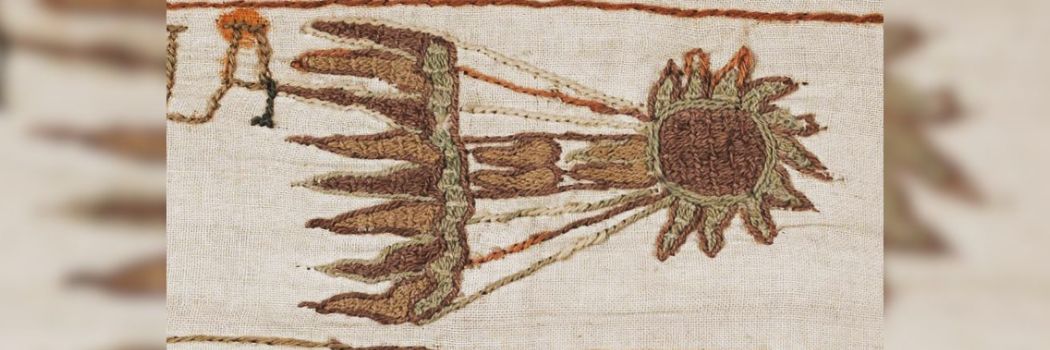 A depiction of Halley's comet stitched onto the Bayeux Tapestry. The comet has a ball of fire and a stem with flames coming from the stem like a rocket.