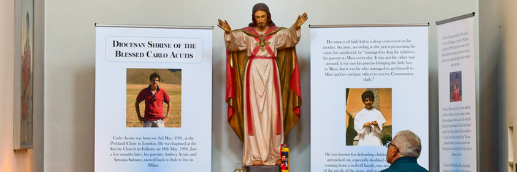 A shrine dedicated to Carlo Acutis, a London-born, Italian-raised candidate for sainthood. Inside St Peter's, a Catholic church in Hove, England.