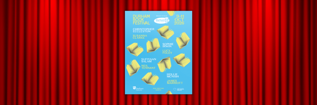 Durham Book Festival graphic featuring names of contributors, in front of red theatre curtains