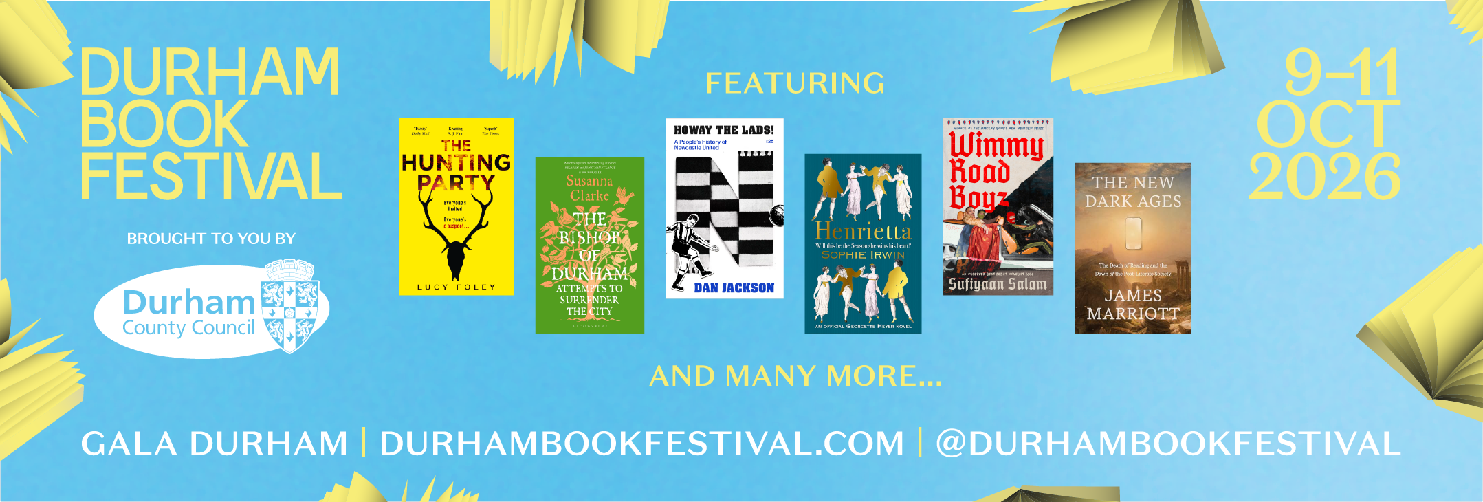 Durham Book Festival graphic showing some of the featured novels on a blue backround