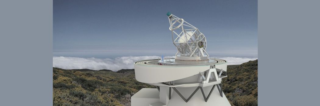An artist's impression of a telescope surrounded by trees, pointing at a blue sky