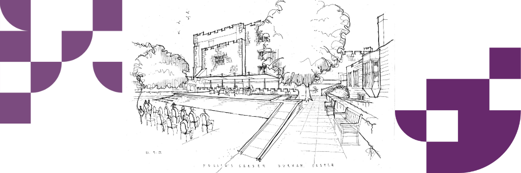 A black and white sketch of the proposed redeveloped Fellows' Garden