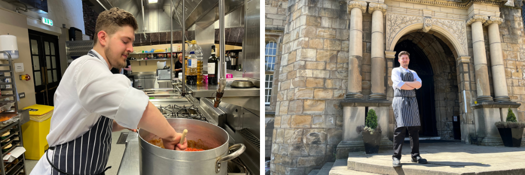 Two pictures of chef Henry Oakes, one he is stirring a pan in a kitchen and the other he is stood on the steps of Castle/University College