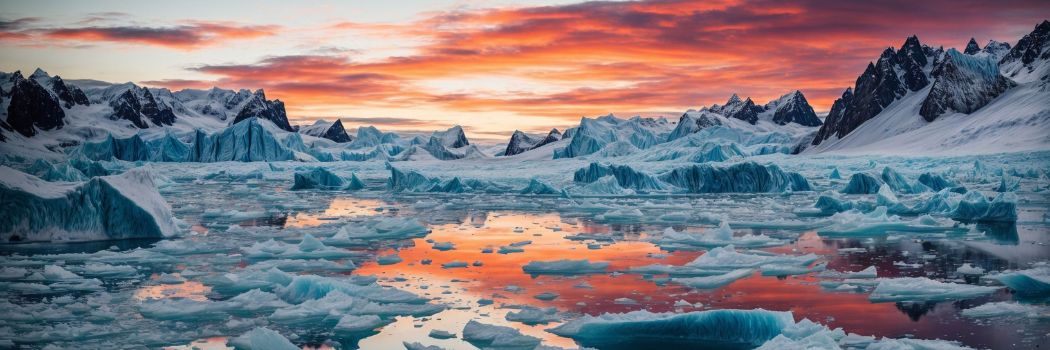 An orange sky above a rocky, icy landscape. The orange sky is reflected in an icy sea.