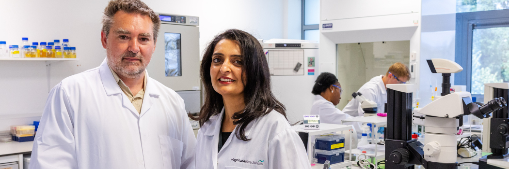 (from left) Dr Chris Saunter, Co-Founder and Chief Technology Officer with Dr Fozia Saleem, CEO of Magnitude Biosciences.