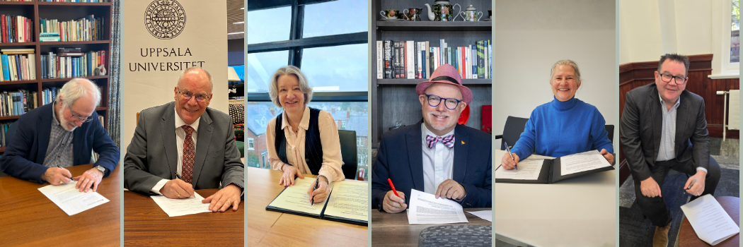 A composite image showing six individual photos of men and women signing a document.