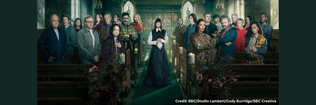 A stylised image of a large group of male and female celebrities standing in church pews.