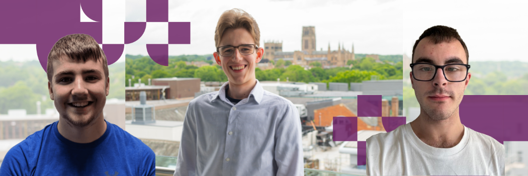 Three smiling male apprentices with the backdrop of Durham Cathedral