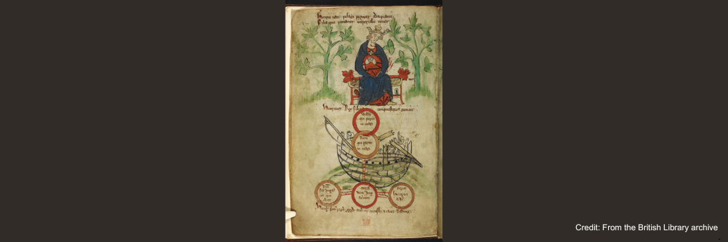 King Henry I on his throne, mourning. Table of his children and Matilda's two sons. The White Ship is depicted in a disabled condition behind.