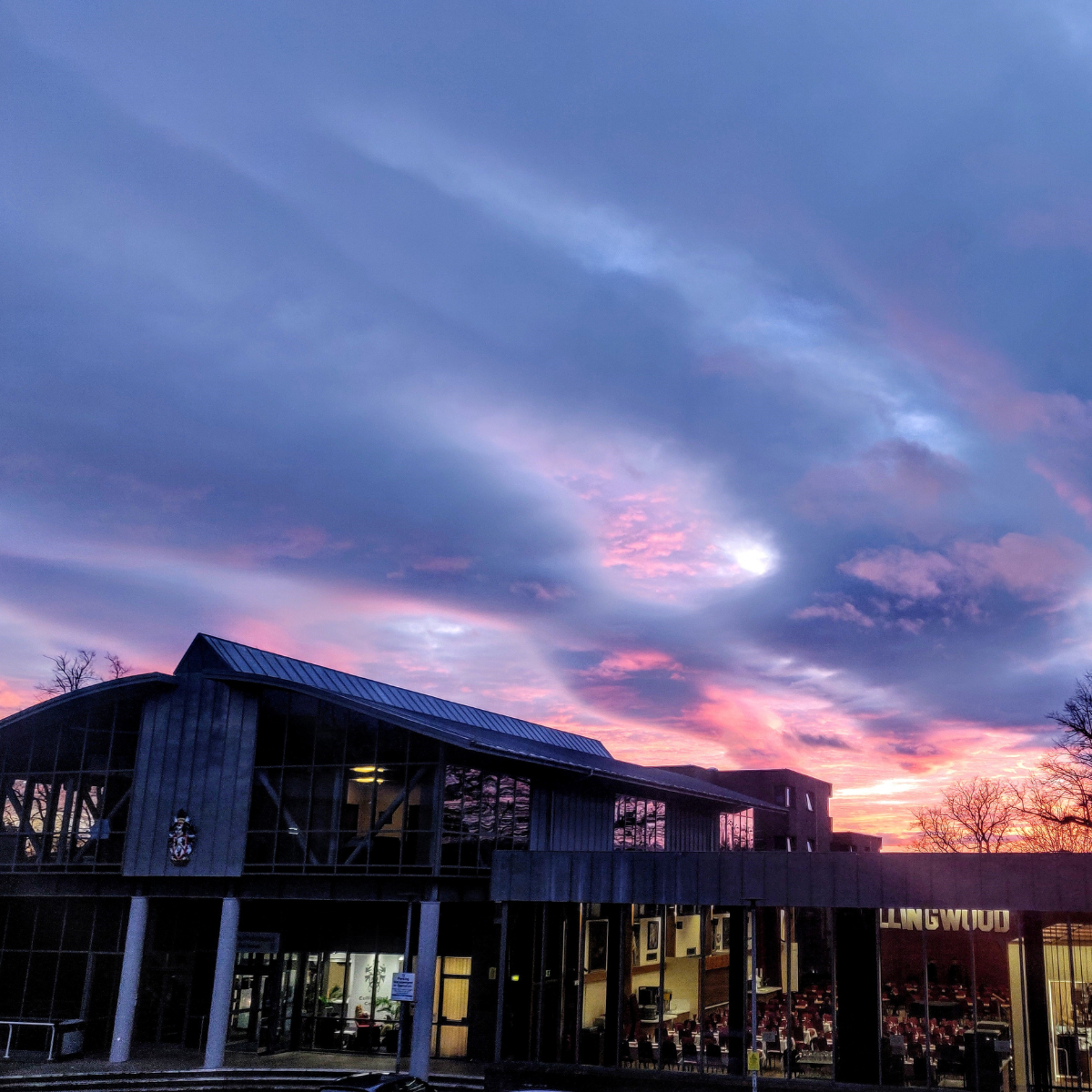 External of Collingwood dinging hall at dusk