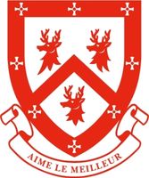 The crest for Collingwood College, made up of a red shield embellished with crosses and containing three stag heads.