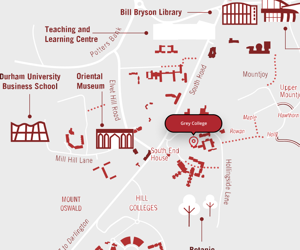 Map of Durham University highlighting the location of Grey College