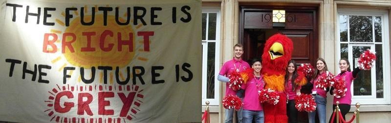 Event advert for a College Open Day featuring students dressed in pink tops standing with their phoenix mascot