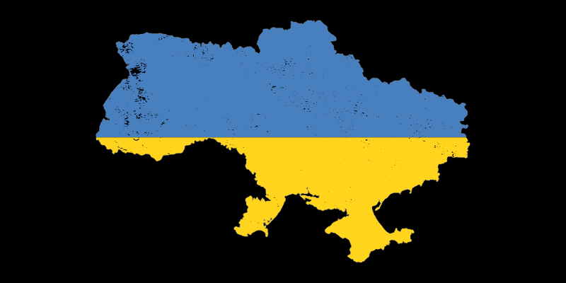 An image of Ukraine on a black background. The top half of Ukraine is blue and the bottom is yellow.