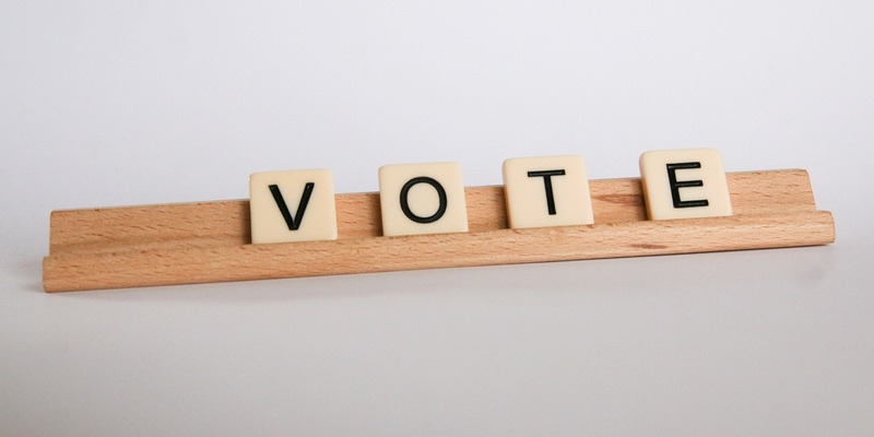 Scrabble tiles on a wooden stand that spell out the word vote.