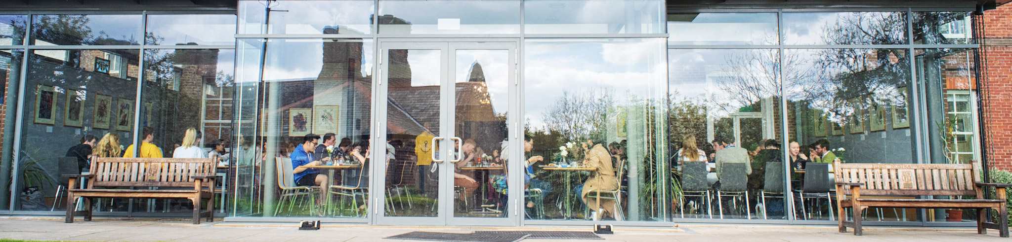 Students eating, view from outside