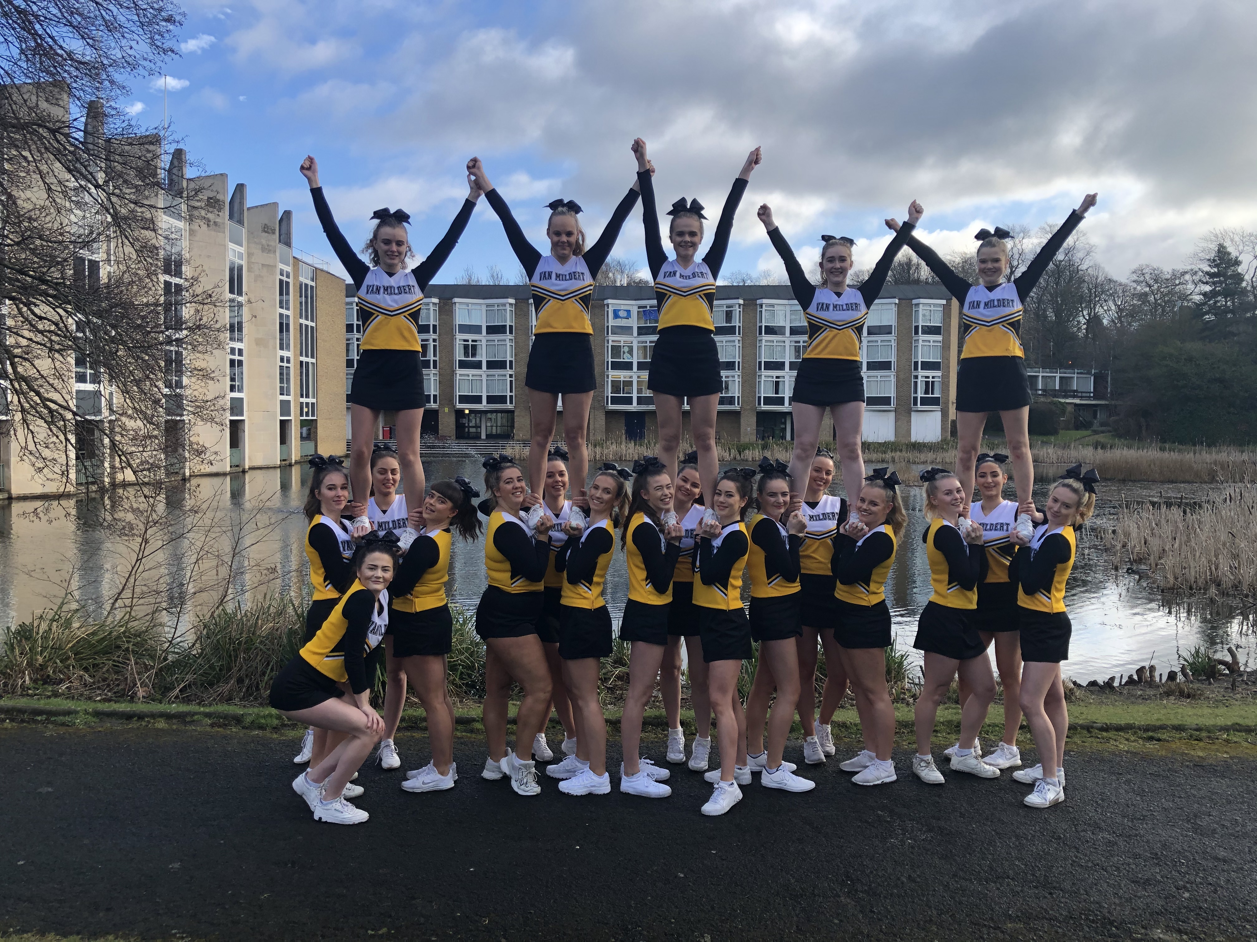 Cheerleaders by the lake at Van Mildert