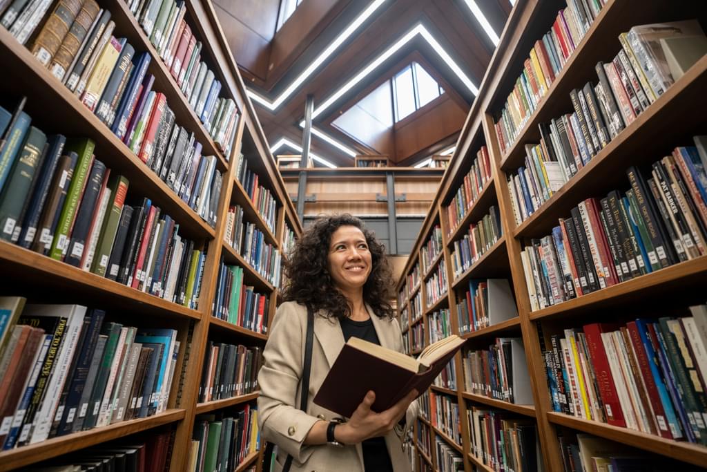 Smiling person looking up and to the side while standing among bookshelves in Palace Green Library. A high ceiling and upper floor windows are visible at the top of the photo. The person has dark curly hair, wears a beige coat and holds an thick open book.