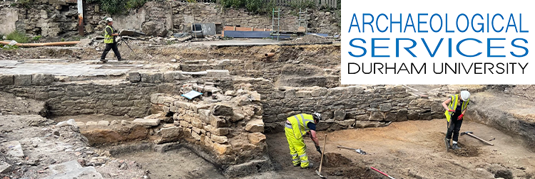 People working in old building foundations with the Archaeological Services logo top right