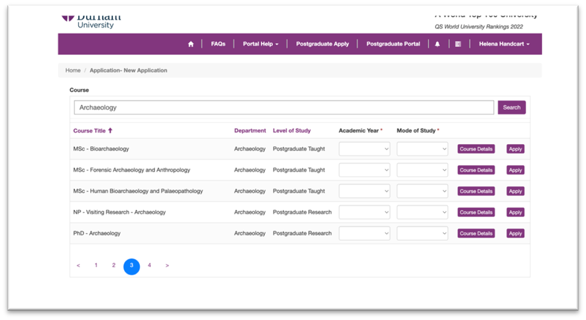 Screenshot of Archaeology Application Portal showing list of postgraduate courses