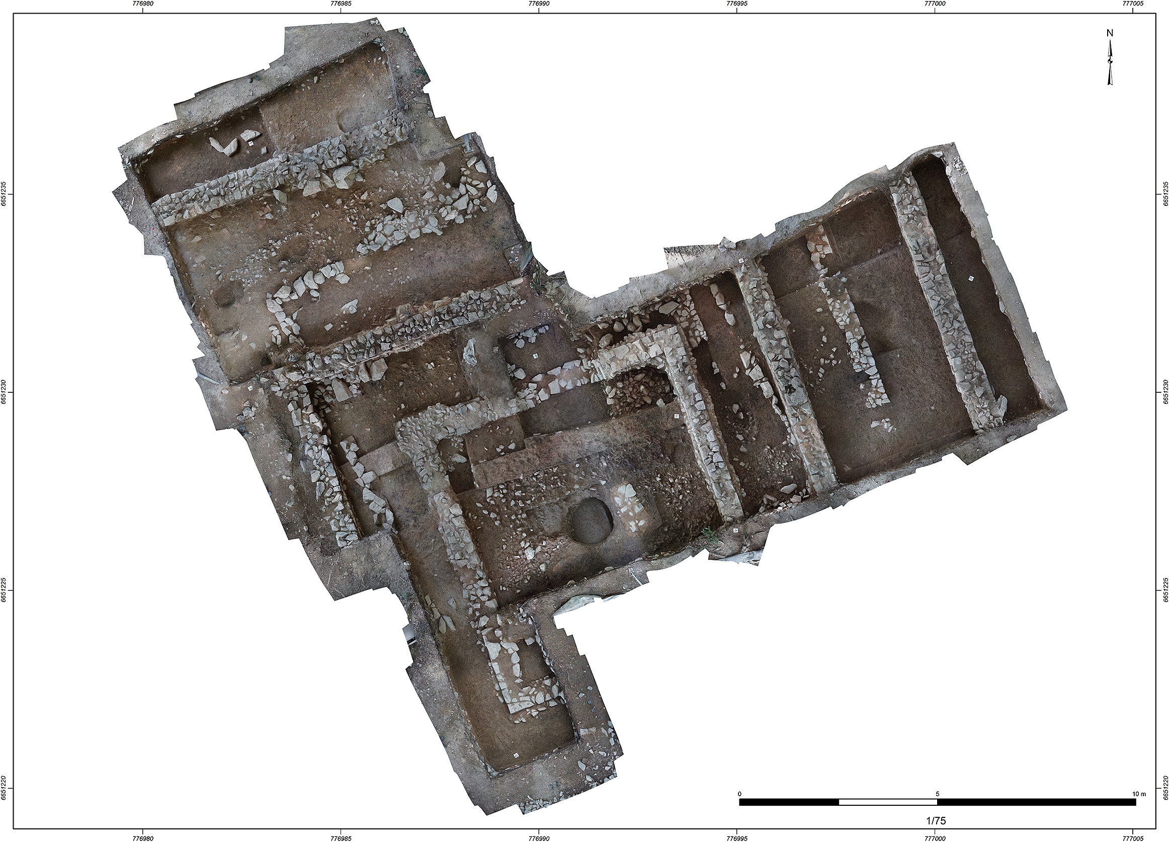 Aerial photograph of an excavated stone temple