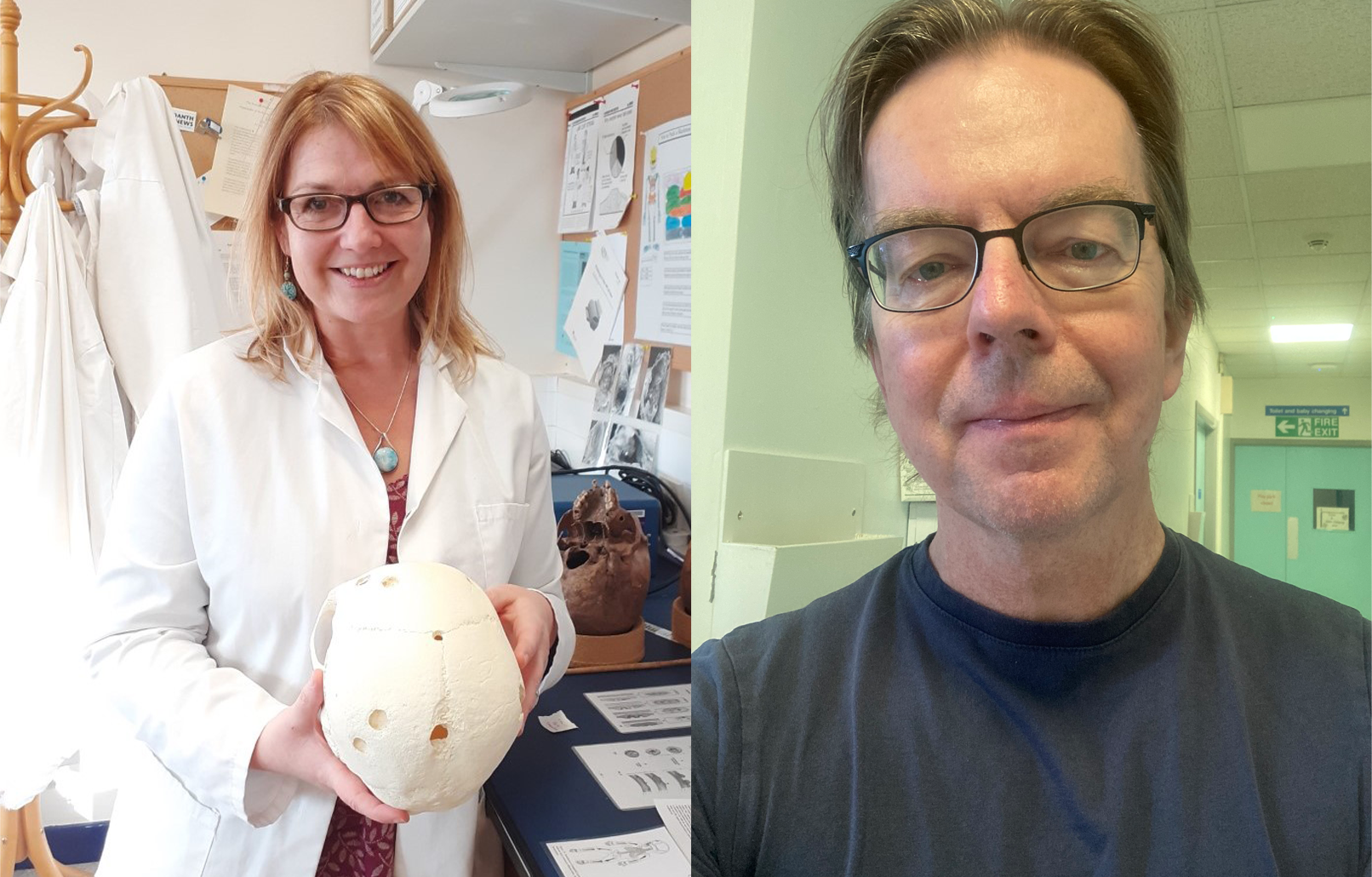 headshots of Christian Harkensee and Rebecca Gowland holding skull