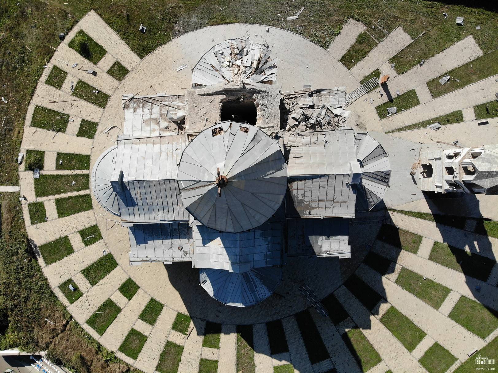 An aerial view of a bombed-out cathedral